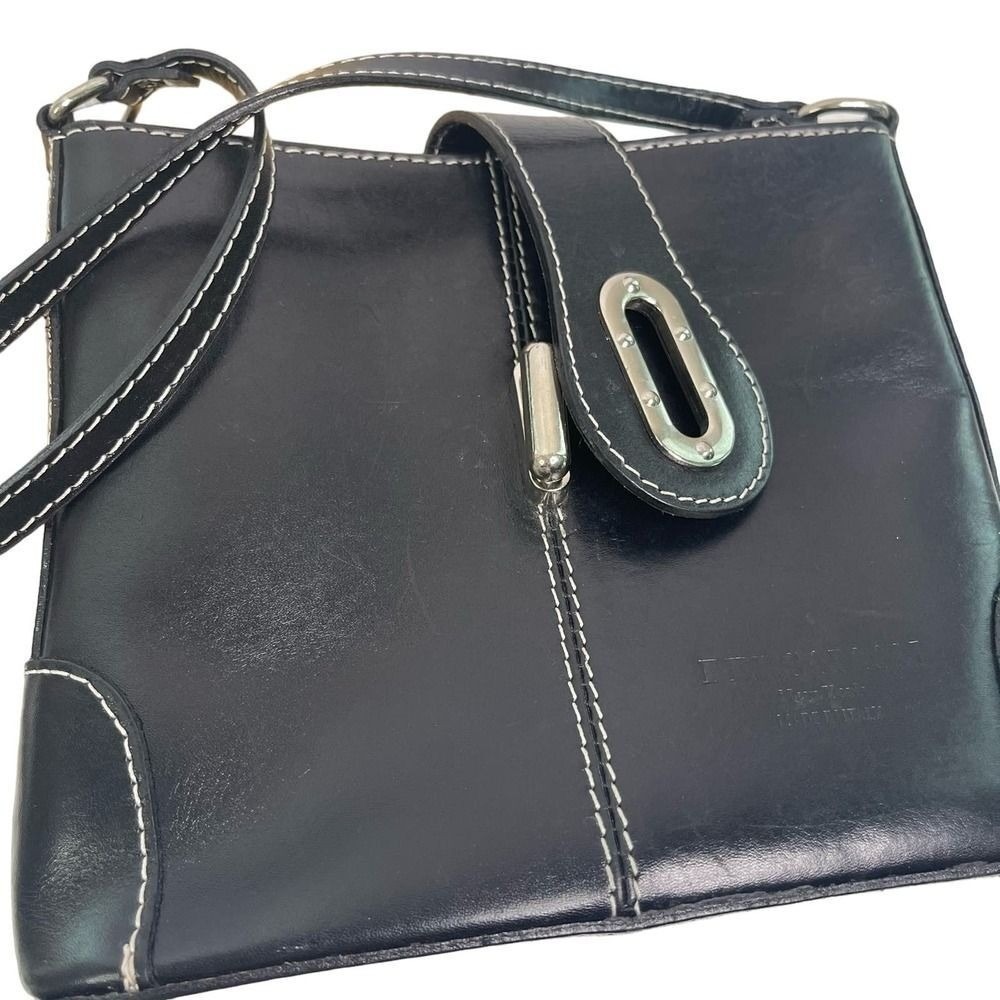 Persaman New York Black Leather Crossbody Bag Made in Italy Contrast Stitching